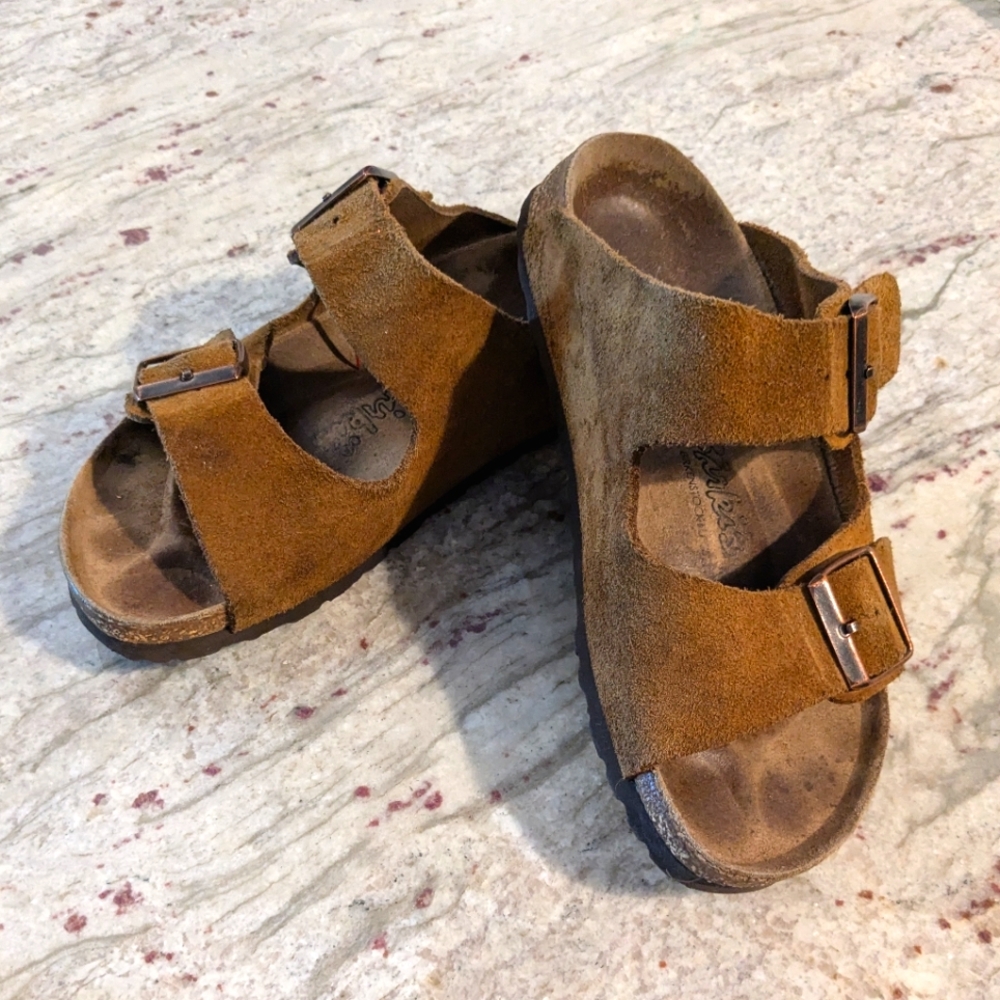 Birkenstock Suede Two-Strap Sandals in Cognac Brown